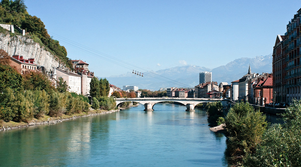Grenoble Bridge overlooking the beautiful French town and cliffs